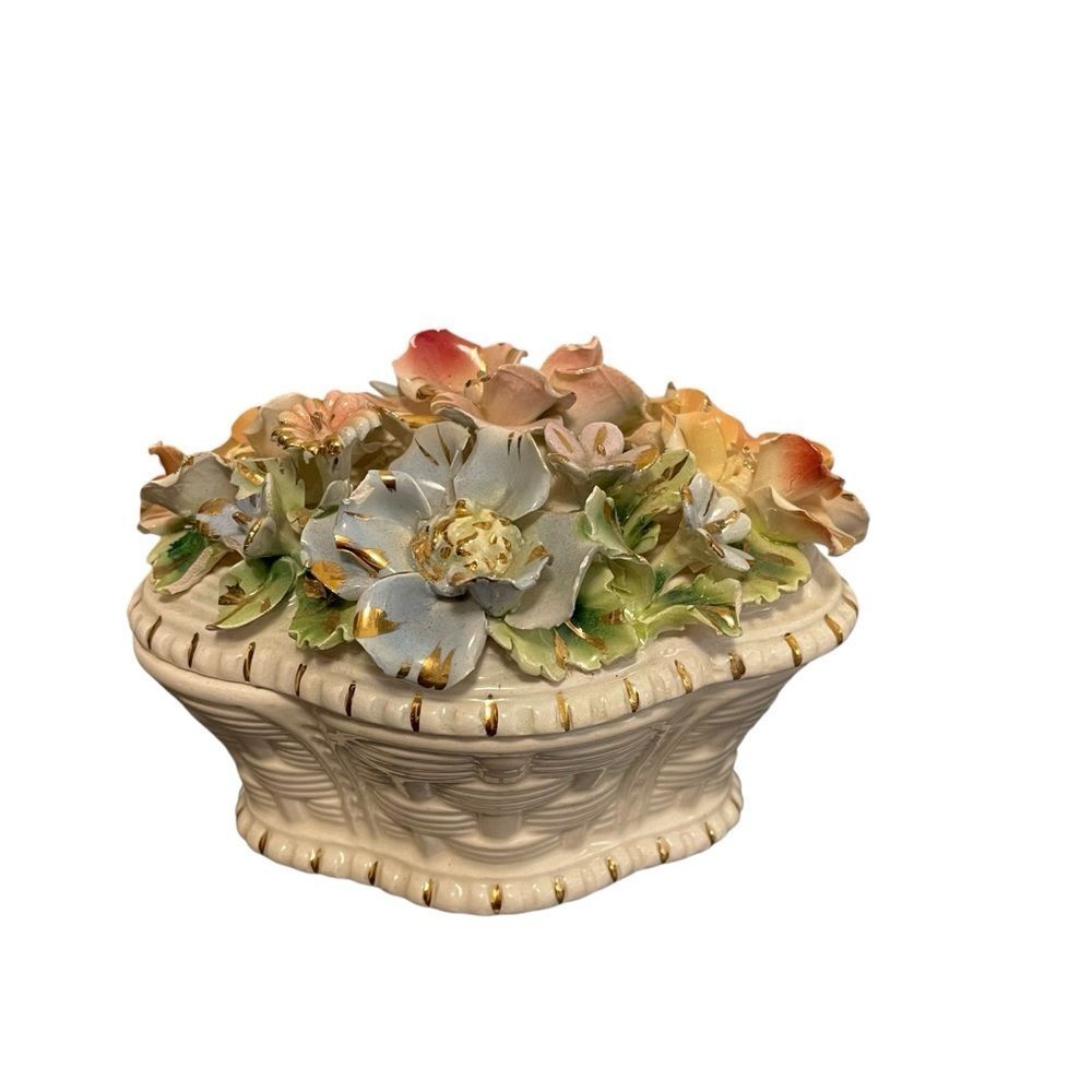 Capodimonte Style Floral Centerpiece in Basket Dish with Lid Made in Italy